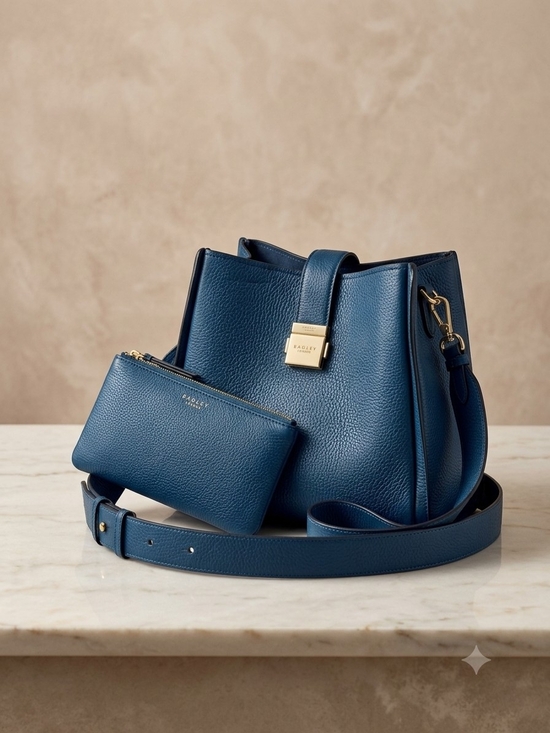 RADLEY LONDON Handbags - RADLEY LONDON Navy Pebbled Leather Bucket Bag with Pouch